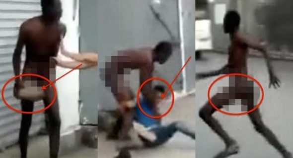 بالفيديو +18..مهاجر افريقي يتجرد من ملابسه كما ولدته أمه ويعتدي على شاب حاول مساعدته