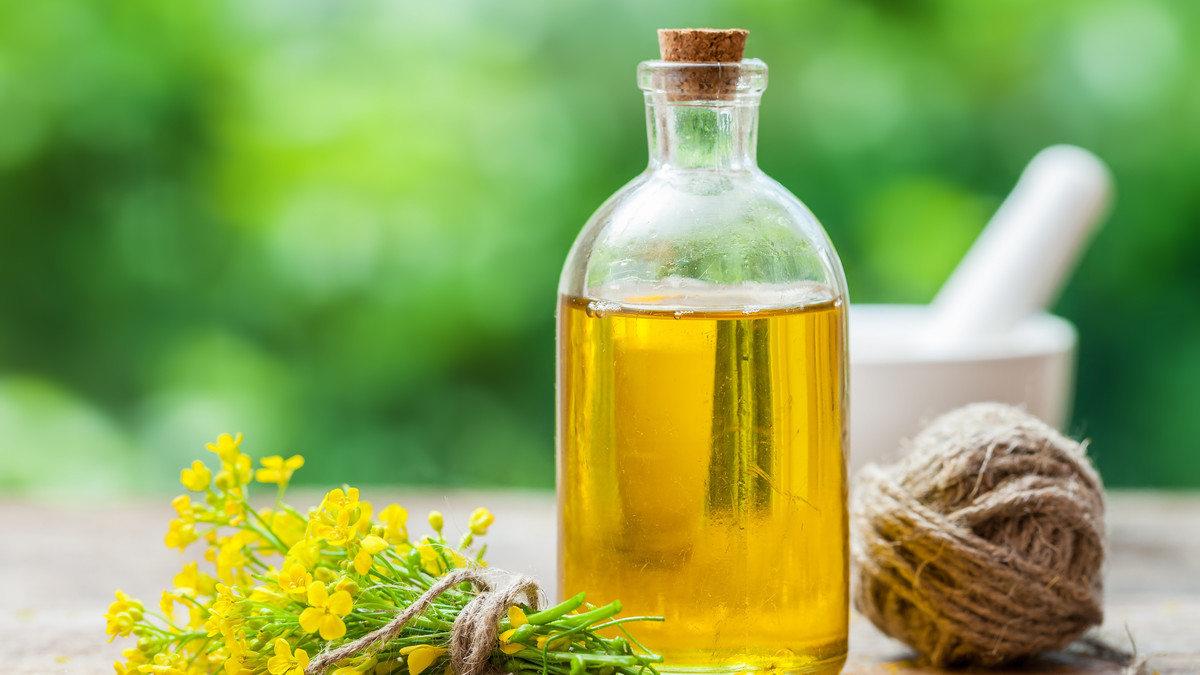 Bottle of rapeseed oil (canola) and repe flowers on table outdoors