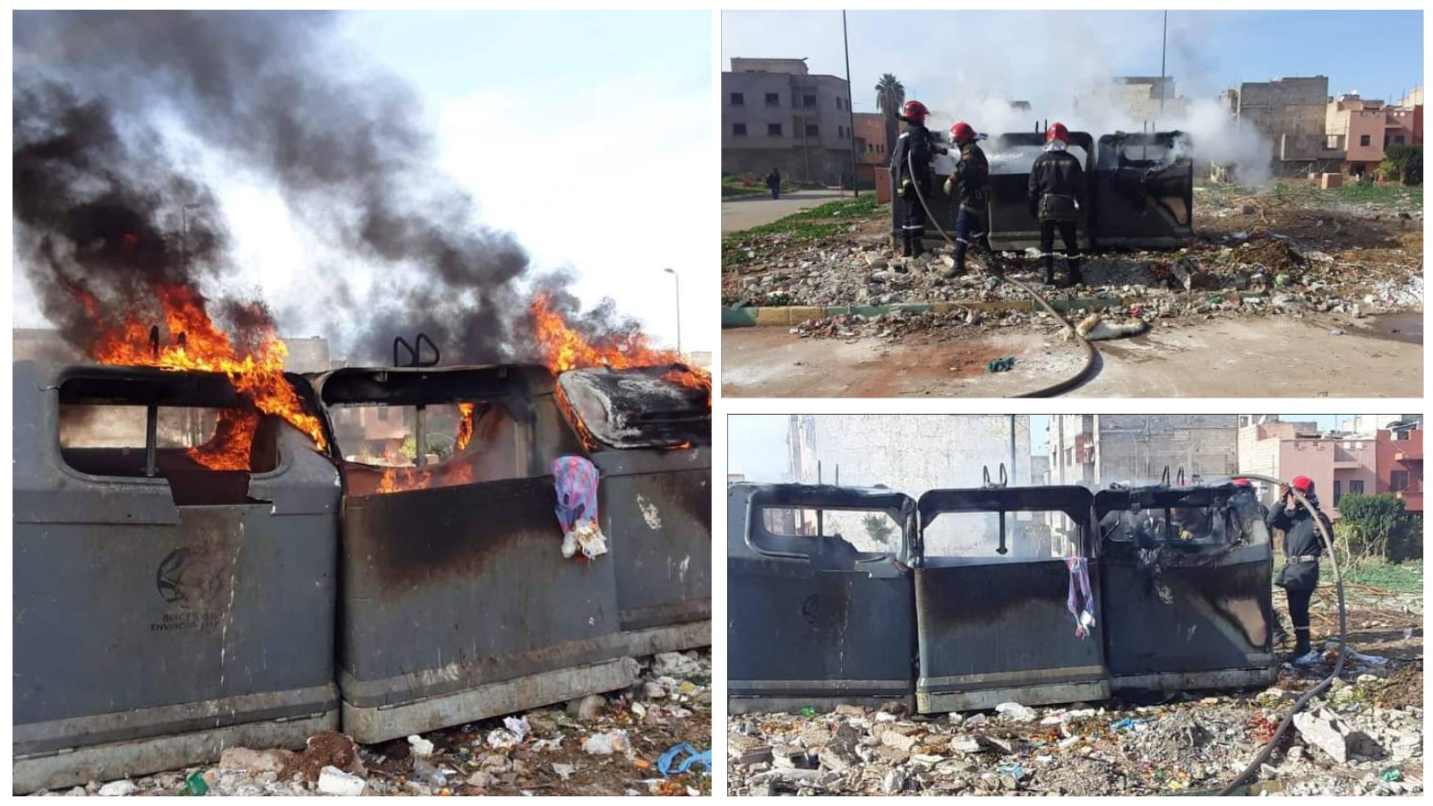 هدشي ماشي معقول!… عوتني التخريب والحرق يطال حاويات القمامة من الجيل الجديد ببني ملال =صور=
