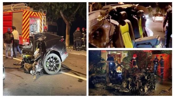 ها علاش تانبهو الشباب والسلامة والله يرحمهم… طوموبيل “لامبورغيني” غادية بسرعة كبيرة فالليل ودخلات فشجرة وتقسمات على جوج وتحرقات وماتو فيها جوج شبان