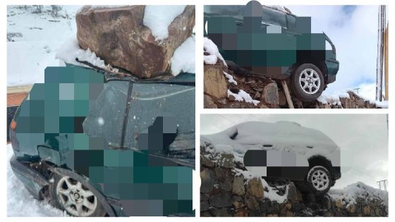 ياربي السلامة… واحد الصخرة ضخمة طاحت من فوق الجبل على سيارة كانت واقفة وتعود لأستاذ