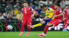 Sweden's Yasin Ayari (18) scores his team's fifth goal during the World Cup Group F soccer match between Sweden and Tunisia in Guadalupe, near Monterrey, Mexico, Sunday, June 14, 2026. (AP Photo/Matias Delacroix) WCMB222