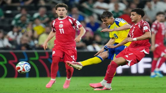 Sweden's Yasin Ayari (18) scores his team's fifth goal during the World Cup Group F soccer match between Sweden and Tunisia in Guadalupe, near Monterrey, Mexico, Sunday, June 14, 2026. (AP Photo/Matias Delacroix) WCMB222